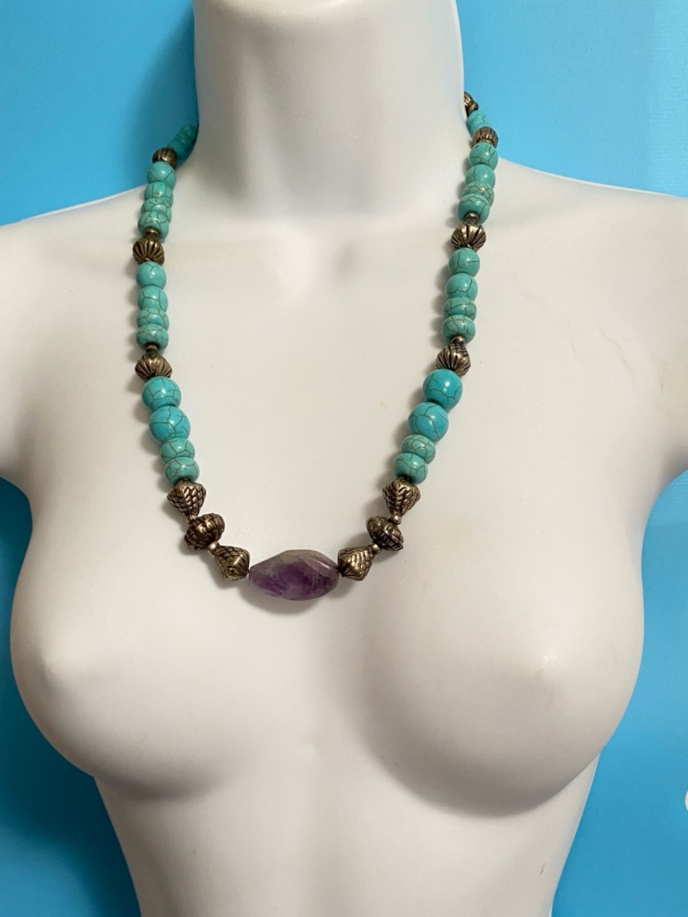 Turquoise Style Glass Beaded Necklace with Natural Amethyst Focal Boho Statement